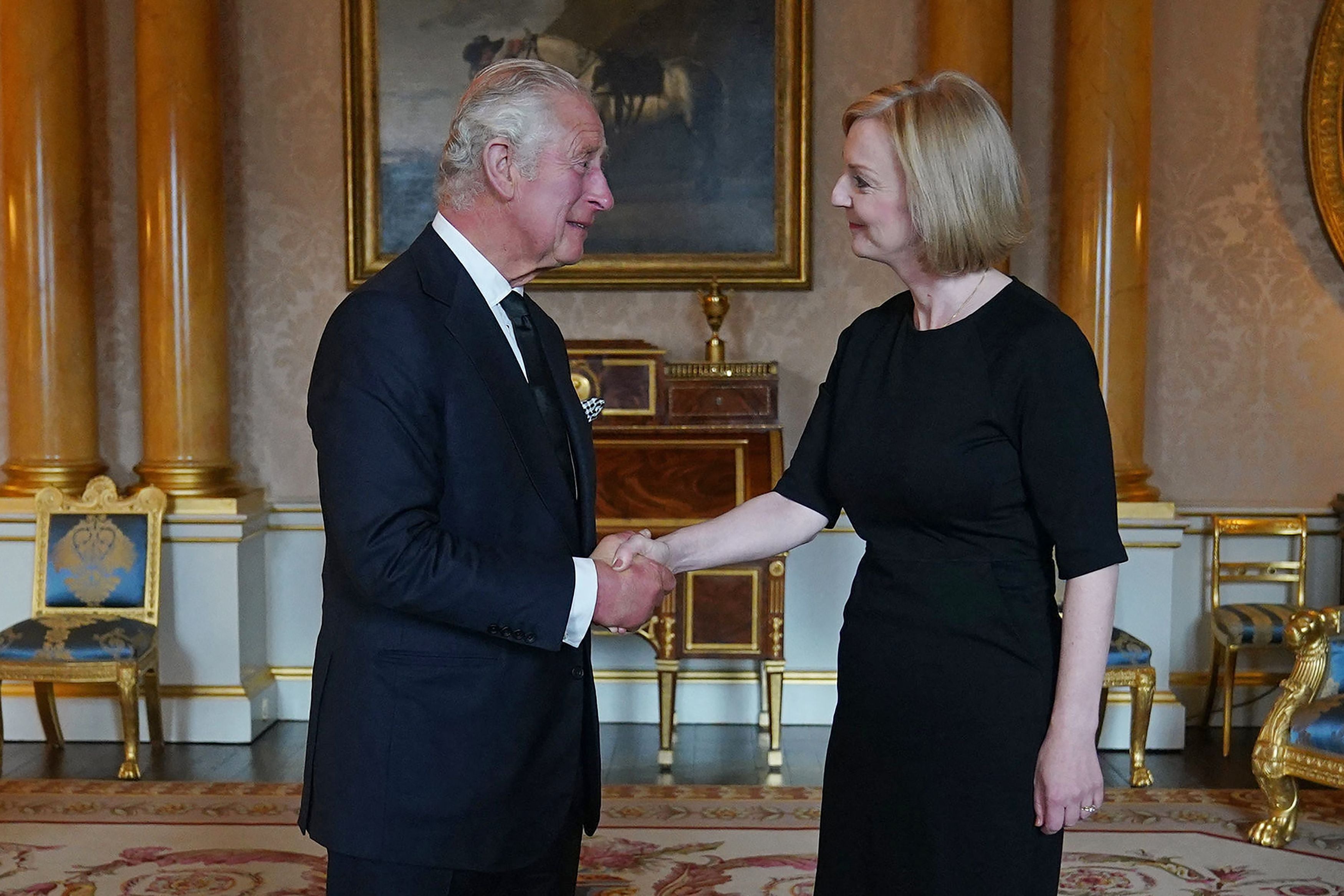 King Charles III greets the new prime minister Liz Truss at Buckingham Palace on Friday