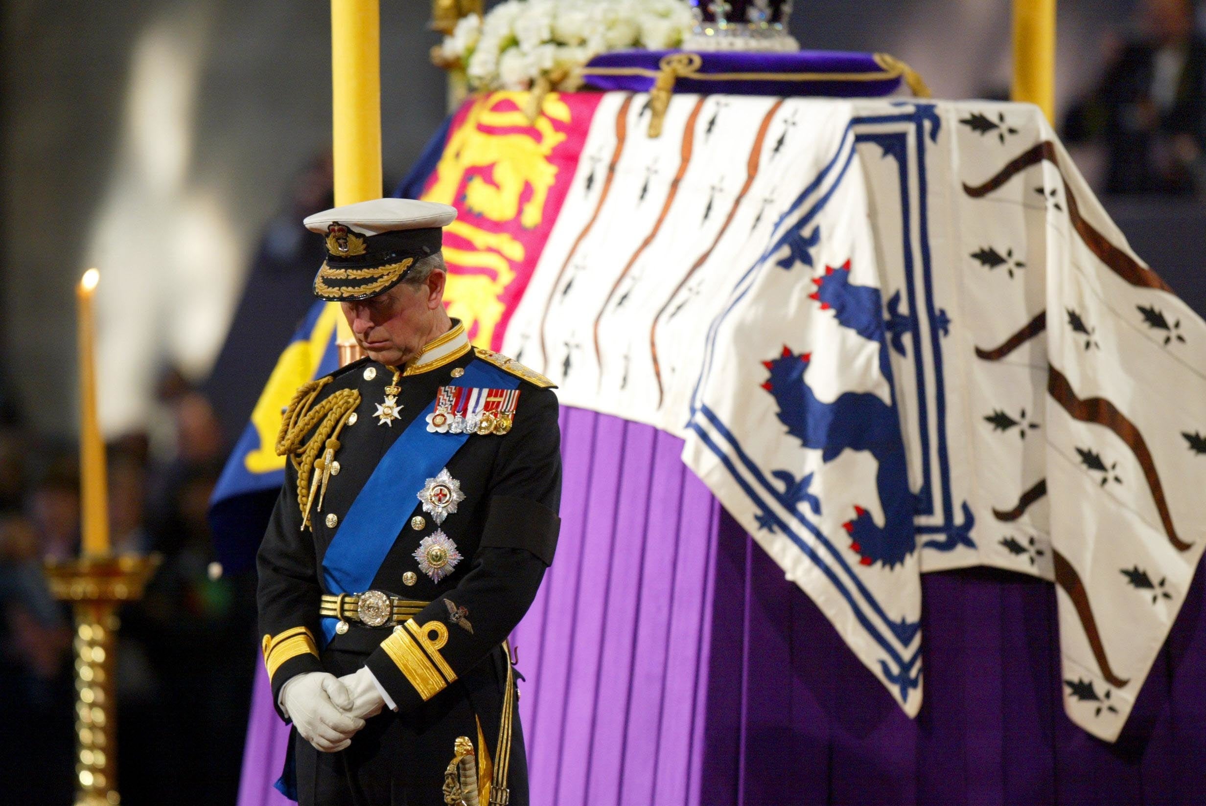 The Prince of Wales standing vigil beside the Queen Mother's coffin while it lay in-state at Westminster Hall in 2002