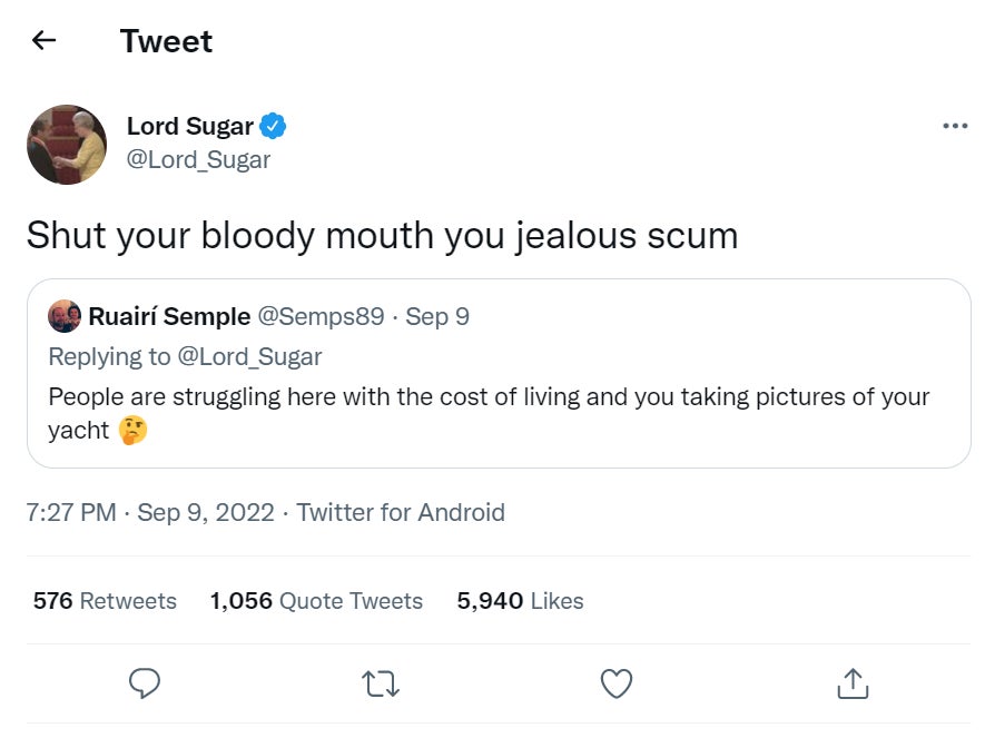 The tweet in question, sent from Alan Sugar’s Twitter account