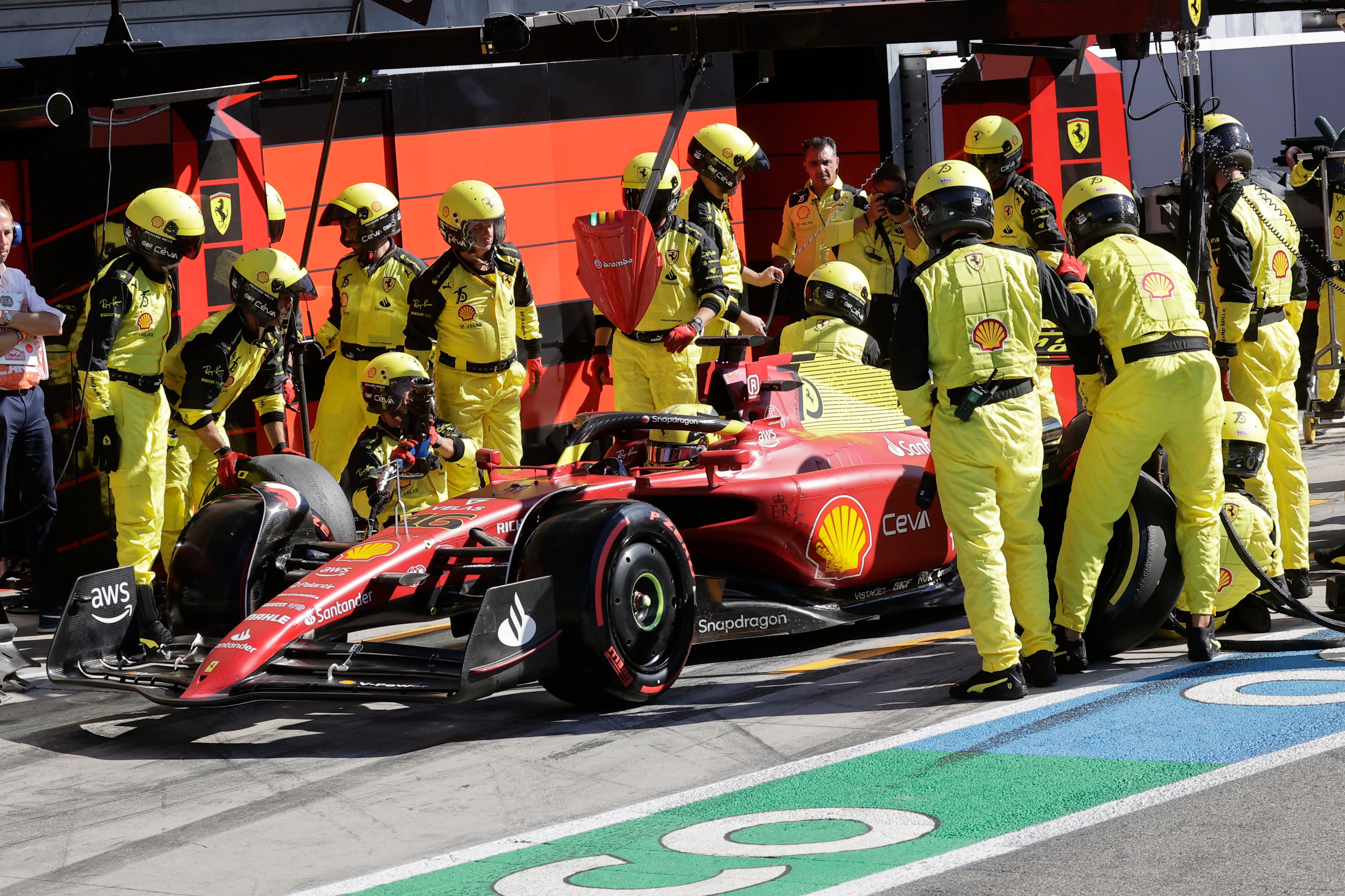 Ferrari driver Charles Leclerc of Monaco gets a pit service