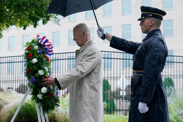 <p>President Joe Biden participates in a wreath laying ceremony while visiting the Pentagon in Washington</p>