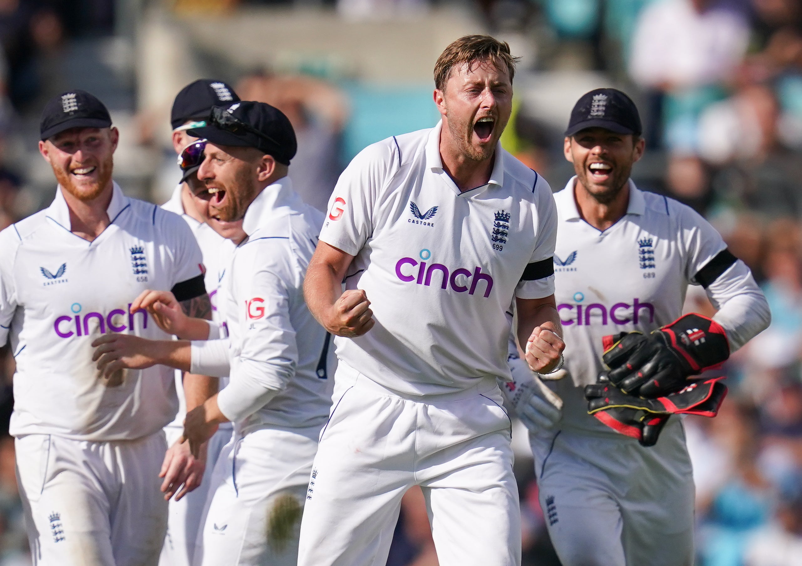 England’s Ollie Robinson celebrates after taking the wicket of South Africa’s Khaya Zondo (John Walton/PA Images).