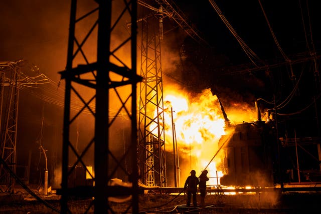 <p>Fire blazes after a Russian rocket hit an electric power station in Kharkiv</p>