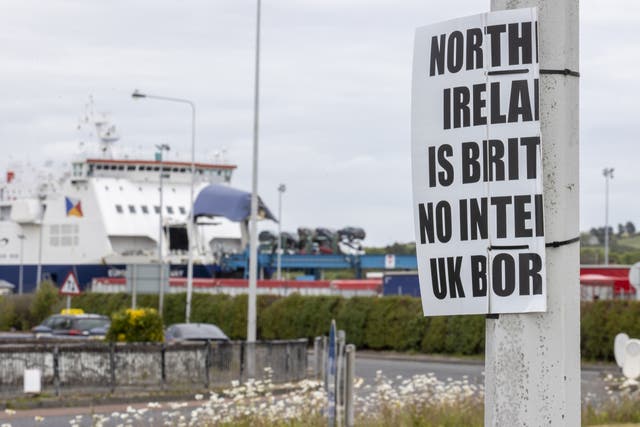 <p>An anti-Northern Ireland protocol sign close to the Port of Larne</p>