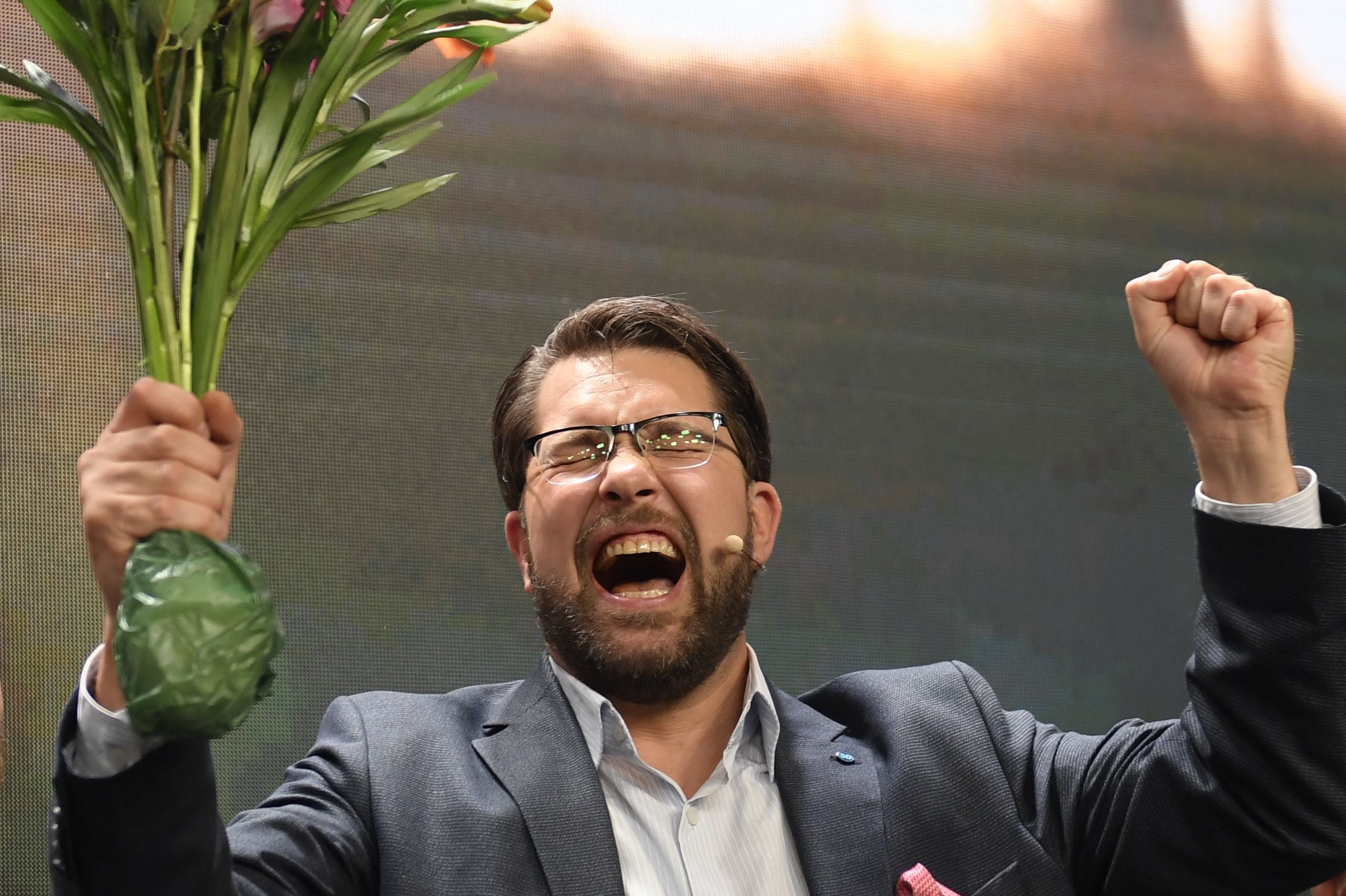 <p>The leader of the Sweden Democrats Jimmie Akesson reacts after polls closed.</p>