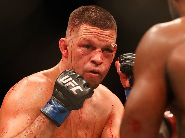 <p>Nate Diaz during his decision loss to Leon Edwards in June 2021</p>