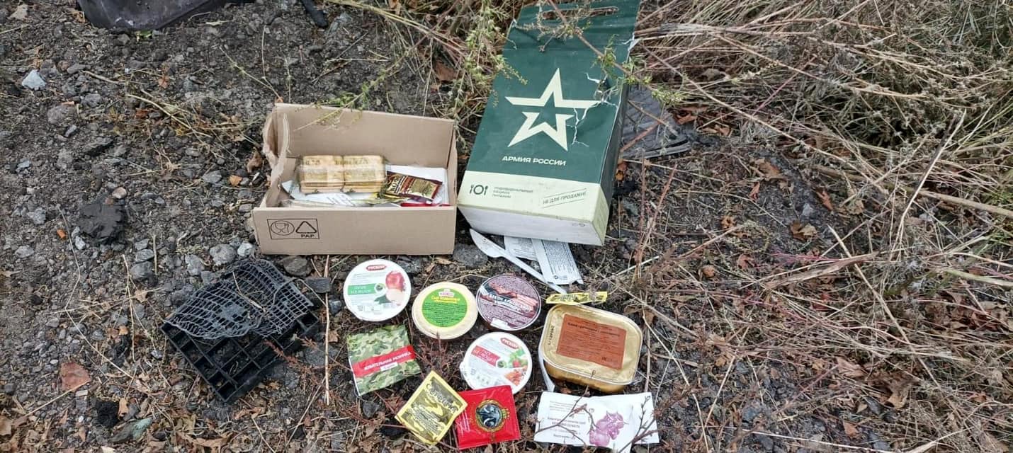 Russian military food left behind after a Ukrainian army offensive in Kharkiv