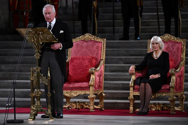 King Charles III gives his address thanking the members of the House of Lords and the House of Commons for their condolences at Westminster Hall, London (Ben Stansall/PA)