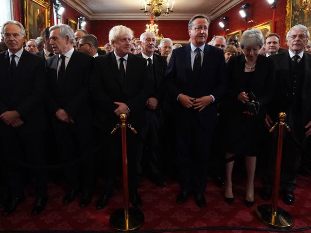 <p>Former prime ministers (from left) Tony Blair, Gordon Brown, Boris Johnson, David Cameron, Theresa May and John Major ahead of the accession council ceremony at St James’s Palace</p>