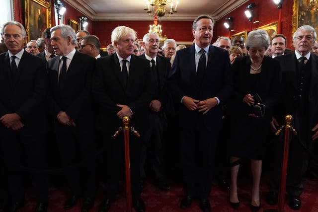 <p>Former prime ministers (from left) Tony Blair, Gordon Brown, Boris Johnson, David Cameron, Theresa May and John Major ahead of the accession council ceremony at St James’s Palace</p>
