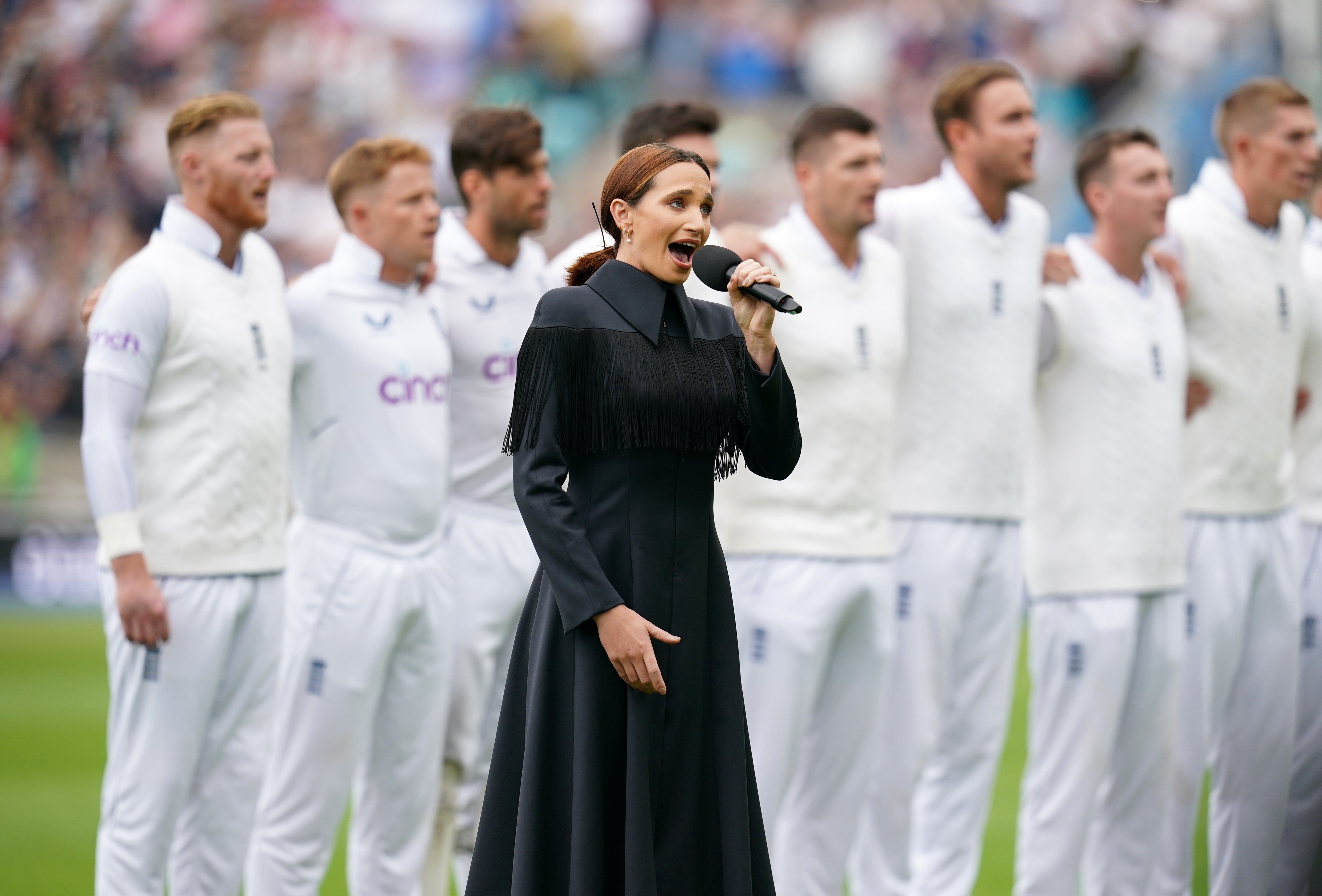 Laura Wright sings God Save The King ahead of day three of England’s third Test against South Africa at the Kia Oval (John Walton/PA)