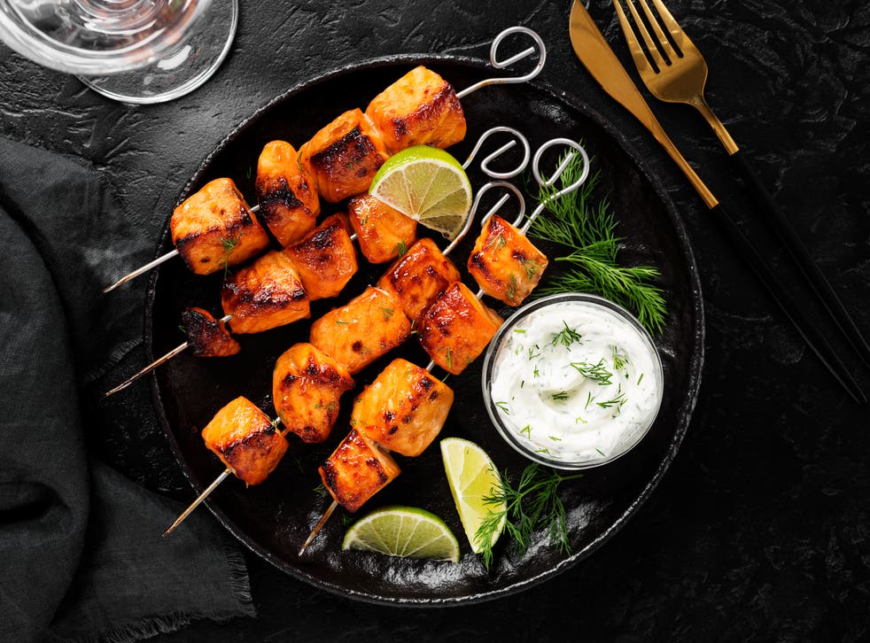 <p>Salmon kebabs: buttery, saffron-stained and gently spiced </p>