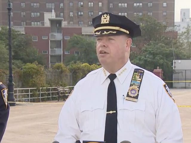 <p>NYPD Chief of Department Kenneth Corey speaking to reporters on Sunday </p>