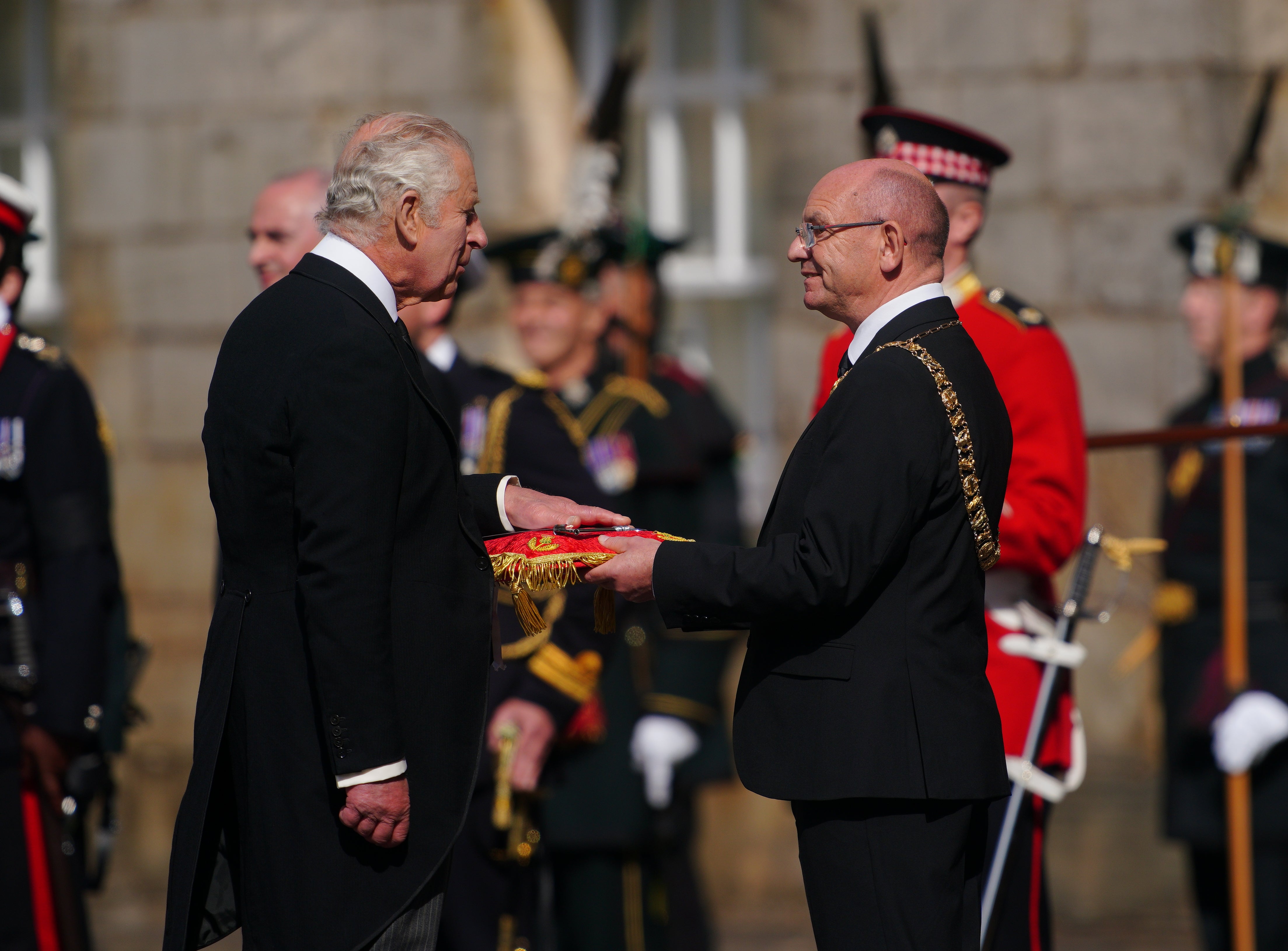 King Charles III is offered the Keys of the City of Edinburgh by Lord Provost Robert Aldridge (Peter Byrne/PA