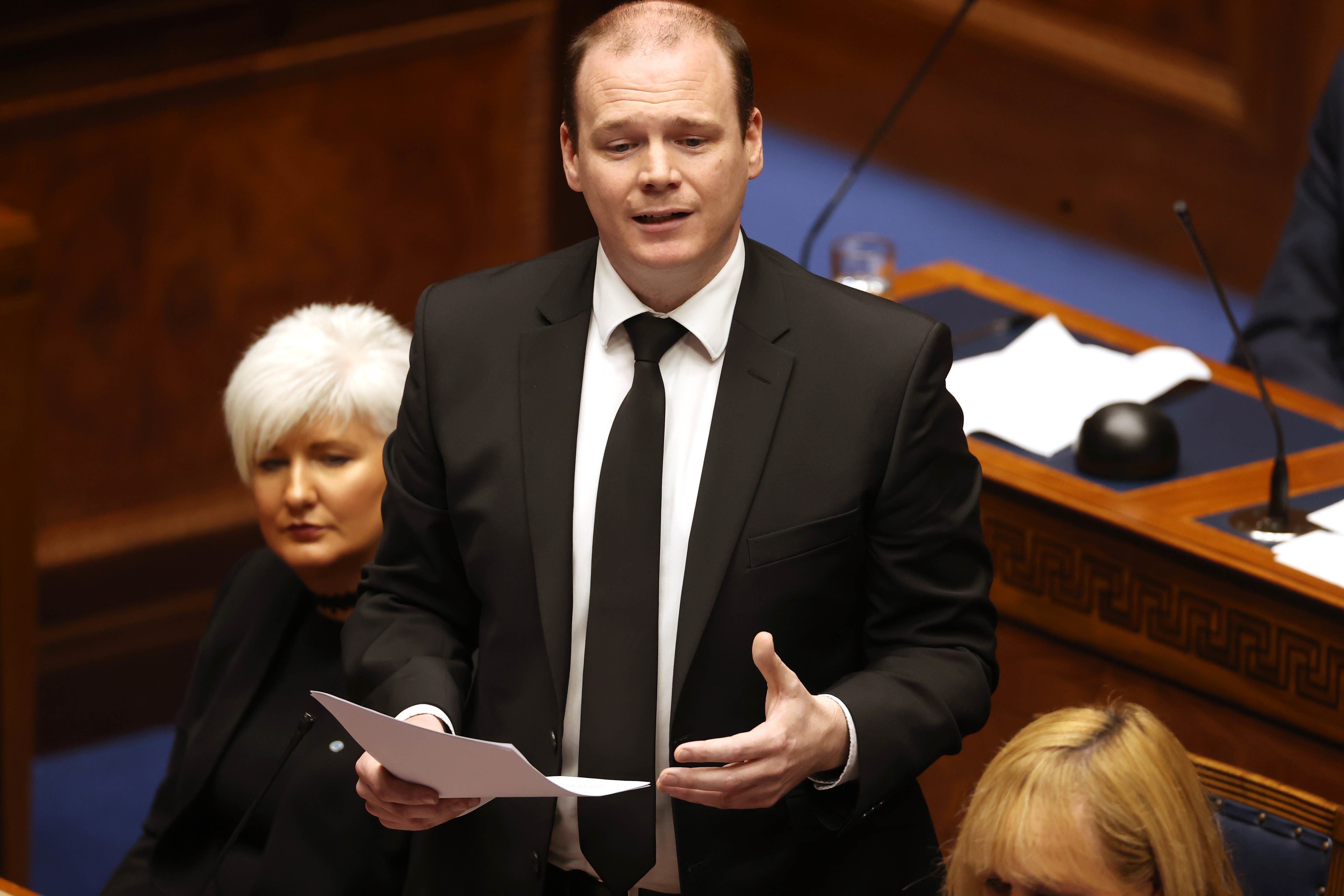 DUP minister Gordon Lyons pays tribute to the Queen (Liam McBurney/PA)