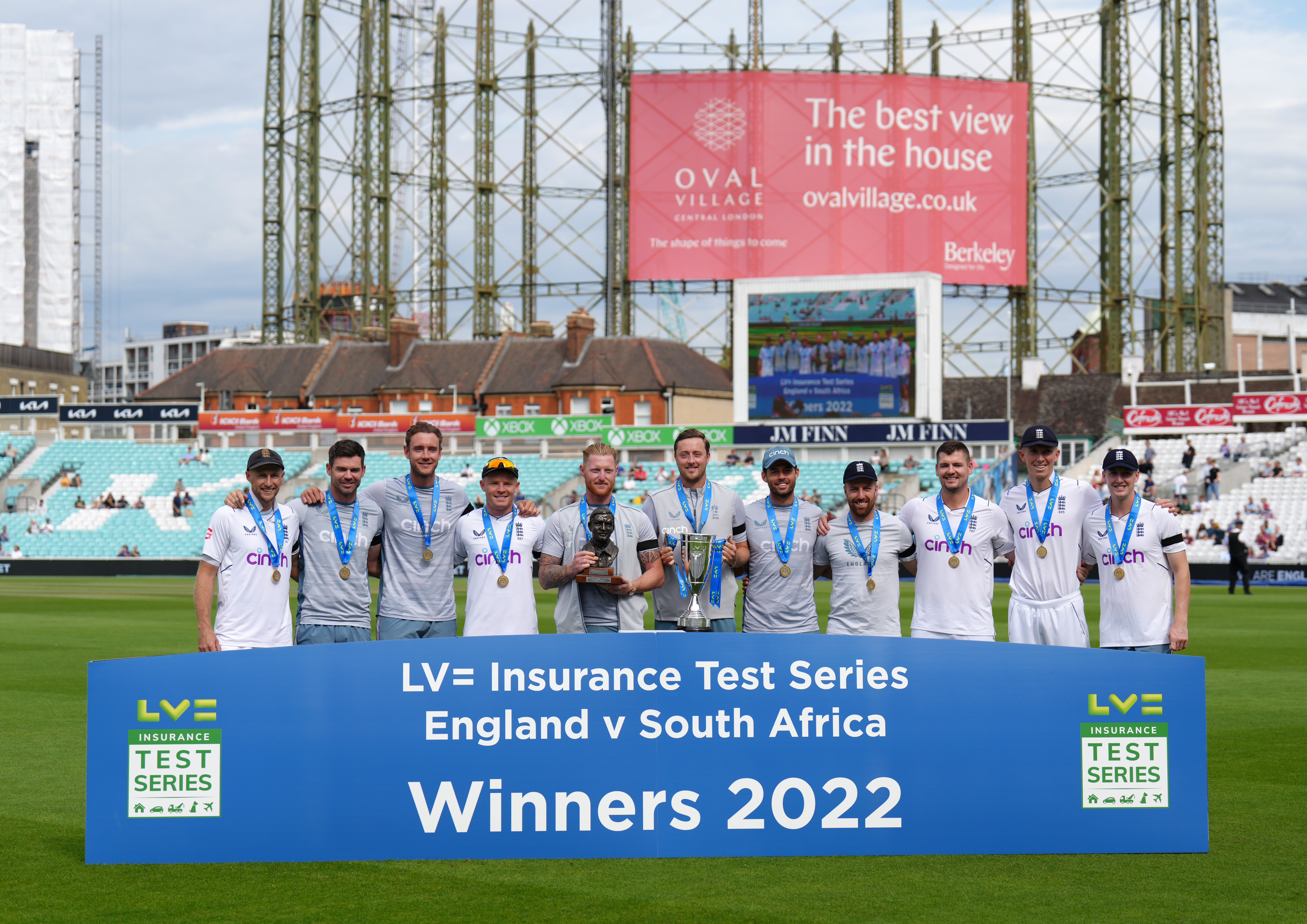The England team pose with the trophy after winning the series (John Walton/PA)