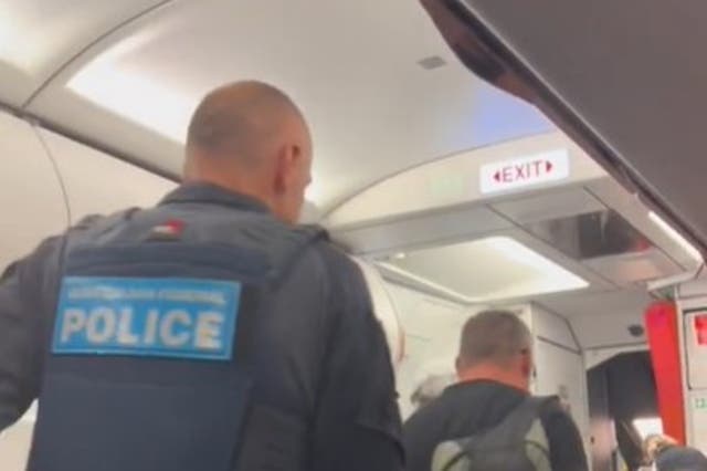 <p>Police escort the man off the Bali flight</p>