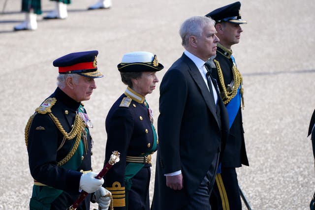 (l to r) King Charles III, the Princess Royal, the Duke of York and the Earl of Wessex walk behind the Queen’s coffin (Peter Byrne/PA)