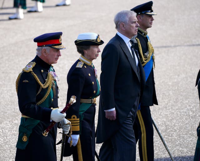 (l to r) King Charles III, the Princess Royal, the Duke of York and the Earl of Wessex walk behind the Queen’s coffin (Peter Byrne/PA)