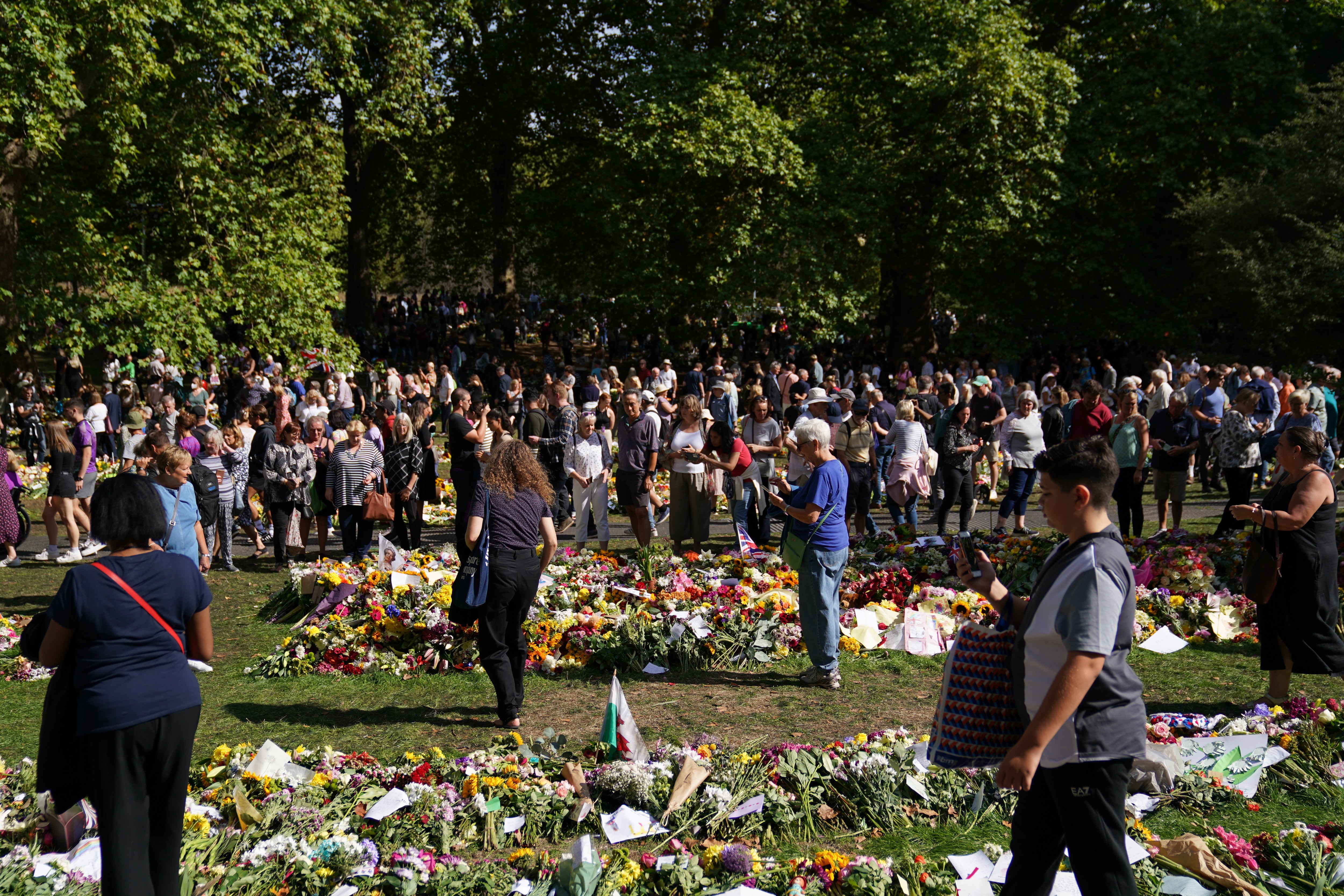 Members of the public view floral tributes in Green Park, near Buckingham Palace