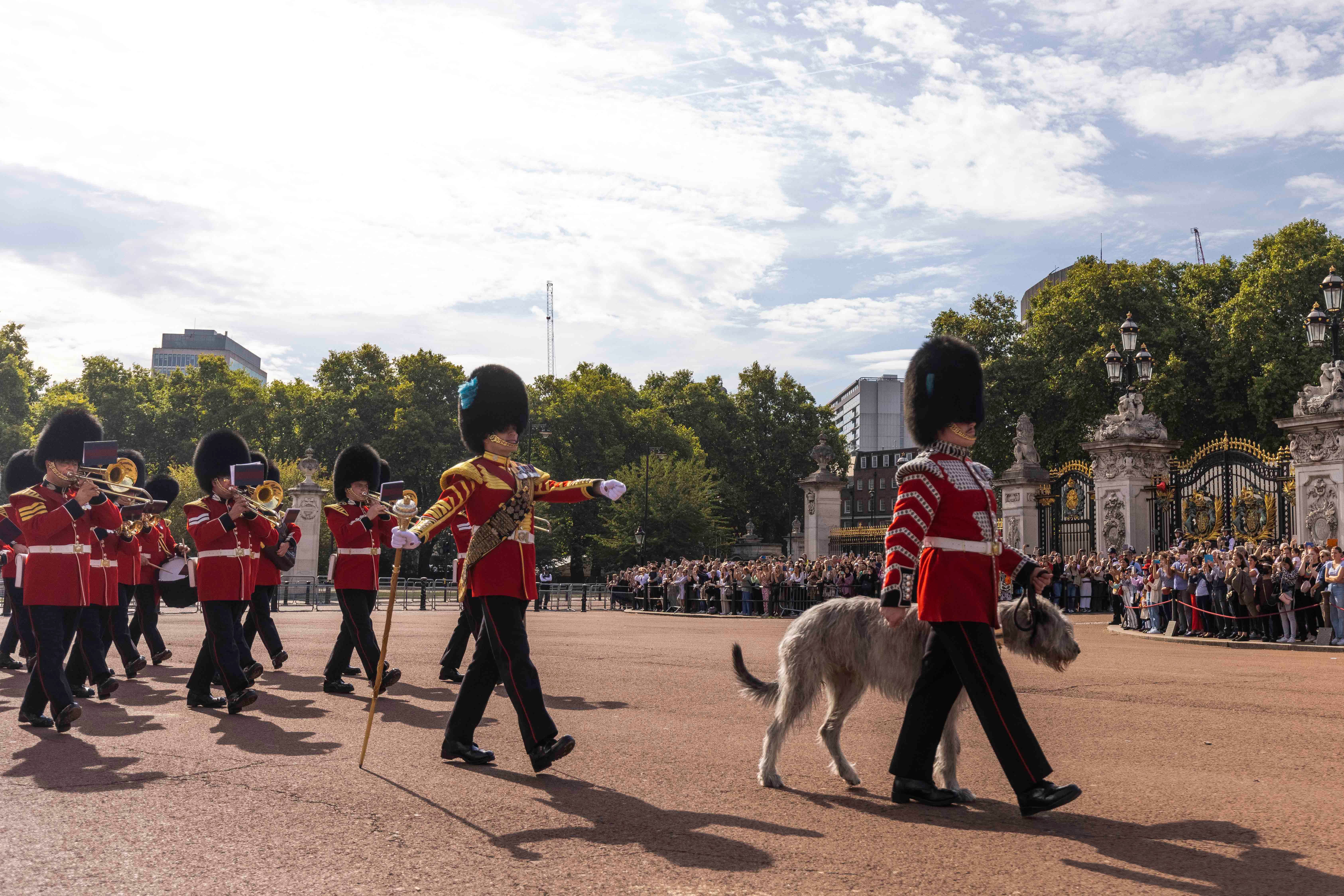 Today (12 September 2022)The Irish Guards performed the first Kings Guard at Buckingham Palace in 70 years. The Parade was led by the Band of the Irish Guards and took over from 7 Company Coldstream Guards.Changing the Guard is a formal ceremony in which the group of soldiers currently protecting Buckingham Palace are replaced by a new group of soldiers. Elite soldiers have guarded the King or Queen since the reign of Henry VII who made the Royal Body Guard a permanent institution which has spanned over 520 years of history. (Mod)