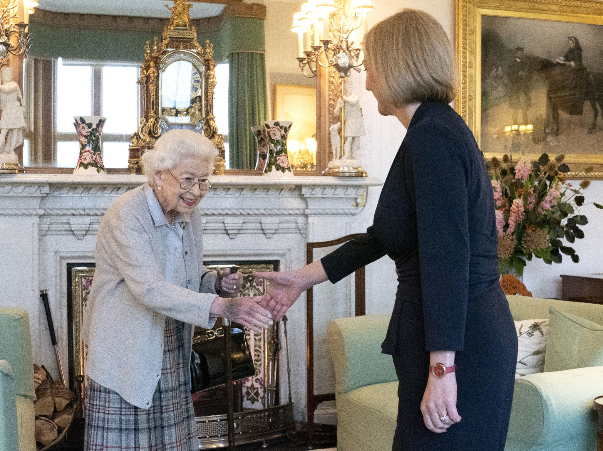 Queen Elizabeth II welcomes Liz Truss during an audience at Balmoral