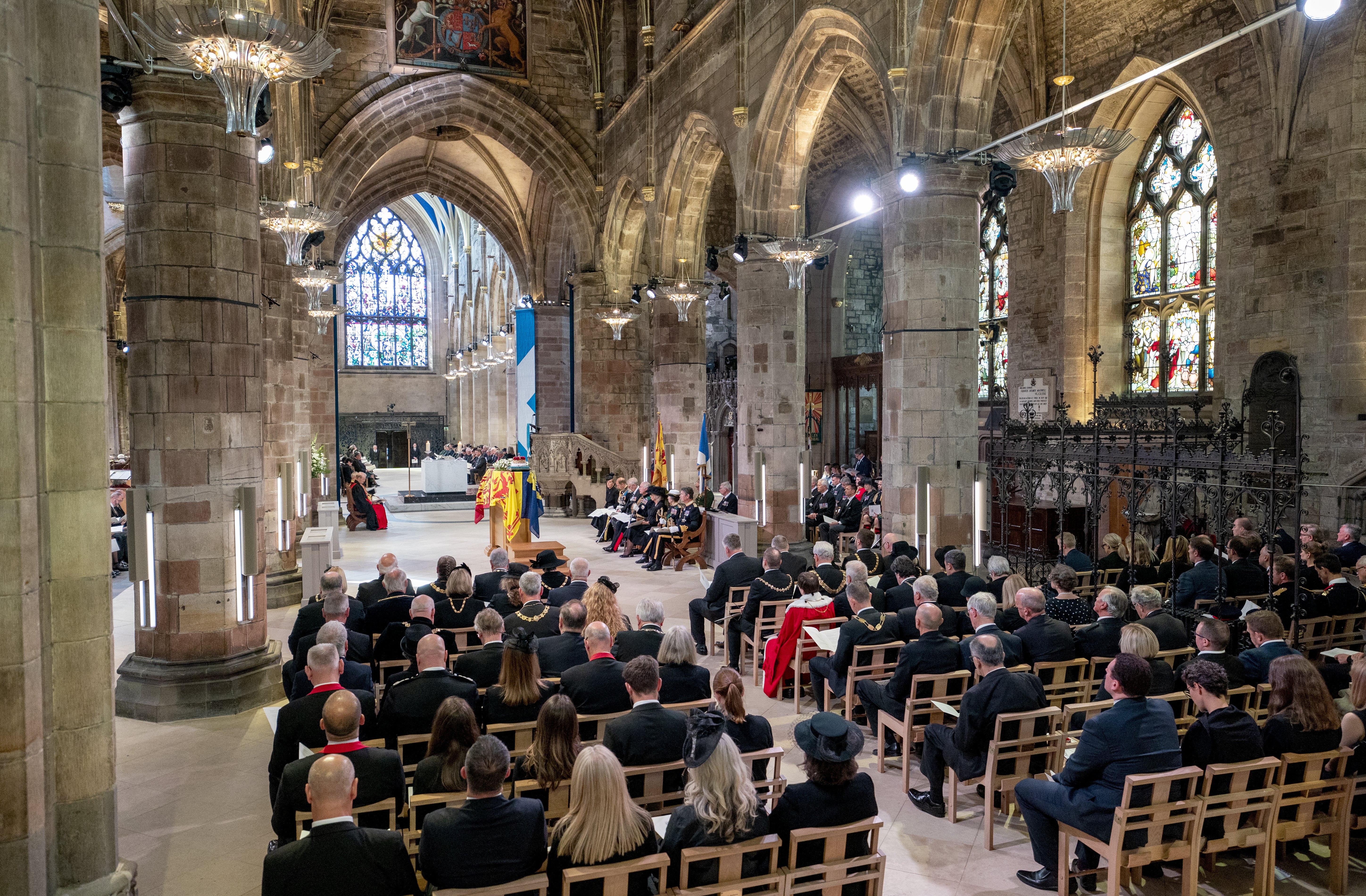 The King, the Queen Consort and other members of the royal family at St Giles’ Cathedral (Jane Barlow/PA)