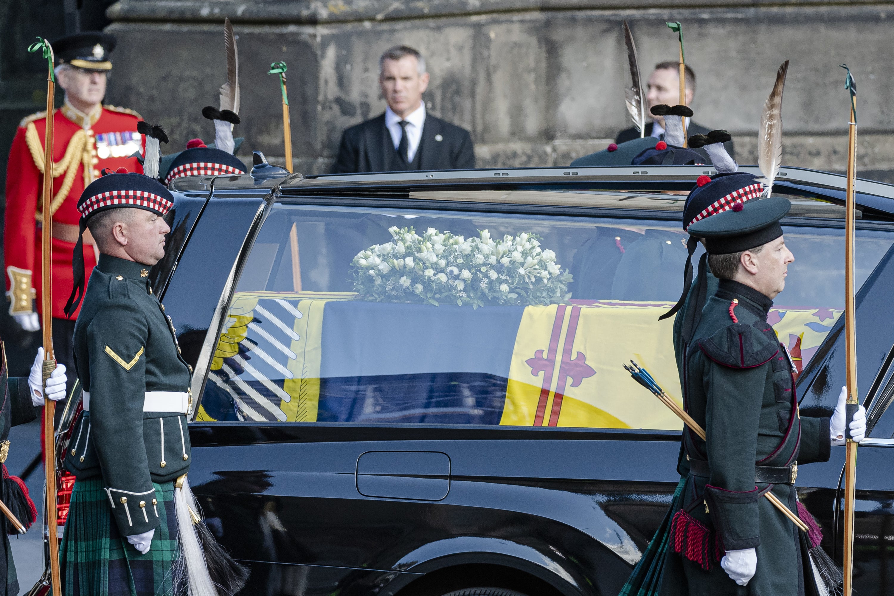 The hearse carrying Queen Elizabeth II’s coffin (Euan Cherry/Daily Mail/PA)