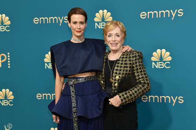 <p>Sarah Paulson and Holland Taylor pose on Emmys red carpet </p>