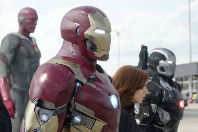 <p>Vision (Paul Bettany), Iron Man/Tony Stark (Robert Downey Jr.), Black Widow/Natasha Romanoff (Scarlett Johansson), and War Machine/James Rhodes (Don Cheadle) in ‘Captain America: Civil War'</p>