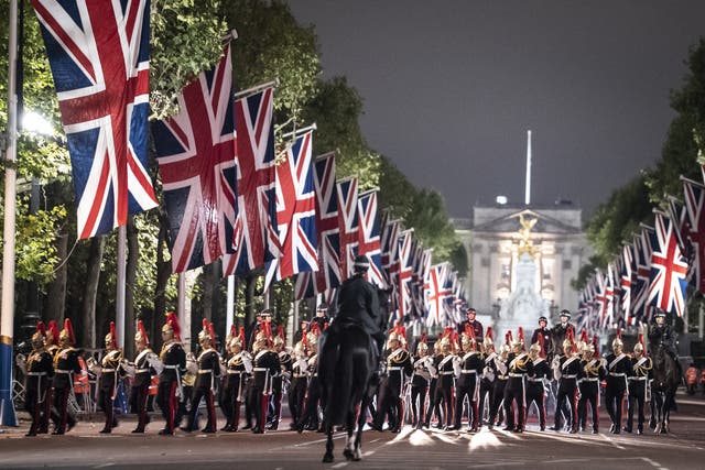 An early morning rehearsal for the procession of Queen Elizabeth’s coffin from Buckingham Palace to Westminster Hall, London, where it will lie in state until her funeral on Monday (Danny Lawson/PA)