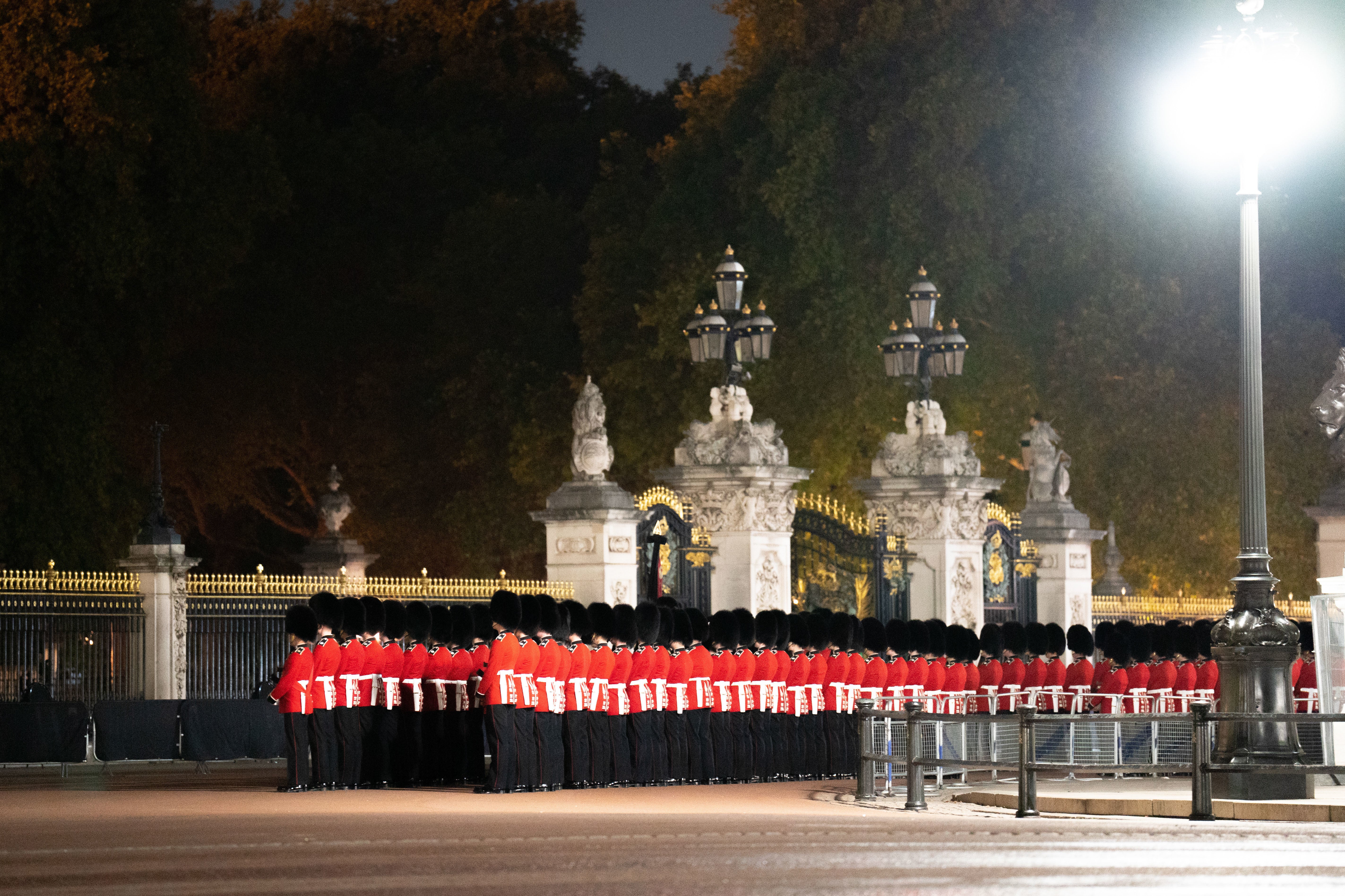 An early morning rehearsal for the procession of the Queen’s coffin from Buckingham Palace to Westminster Hall (James Manning/PA)
