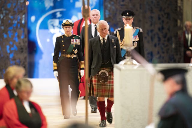 King Charles III wore the historic tartan at a vigil for the Queen in St Giles’ Cathedral (Jane Barlow/PA)