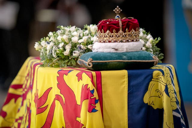 The Scottish crown rests on top of the coffin during the Service of Prayer and Reflection for the Life of Queen Elizabeth II at St Giles’ Cathedral, Edinburgh (Jane Barlow/PA)