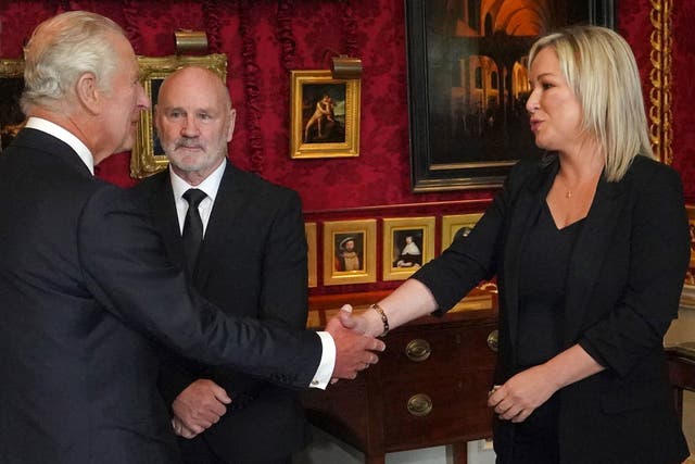 <p>Stormont speaker Alex Maskey, who was interned by British authorities during the Troubles, looks on as King Charles meets Sinn Fein leader  Michelle O’Neill in Belfast on Tuesday.</p>