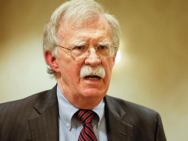 <p>Former National Security Adviser John Bolton speaks to reporters after speaking in a panel hosted by the National Council of Resistance of Iran</p>