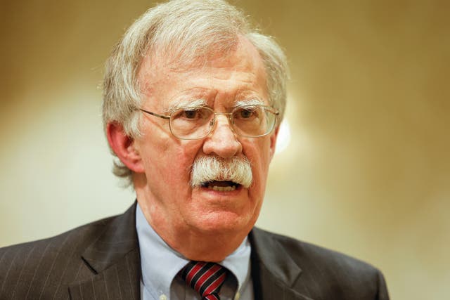 <p>Former National Security Adviser John Bolton speaks to reporters after speaking in a panel hosted by the National Council of Resistance of Iran</p>