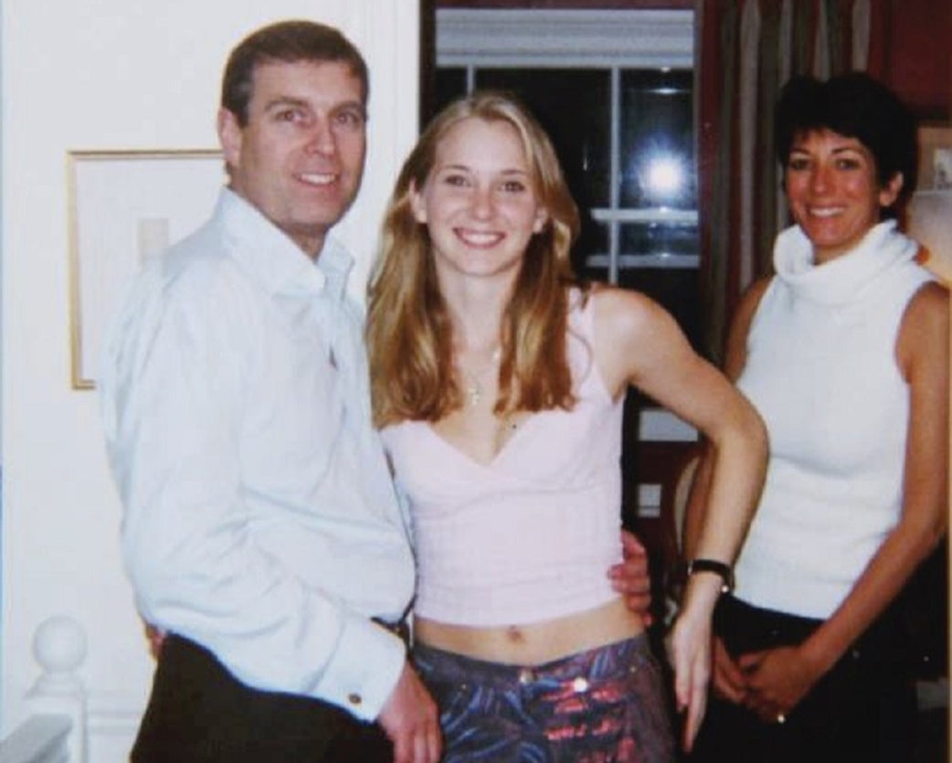 Prince Andrew pictured with Virginia Giuffre and Ghislaine Maxwell (R)
