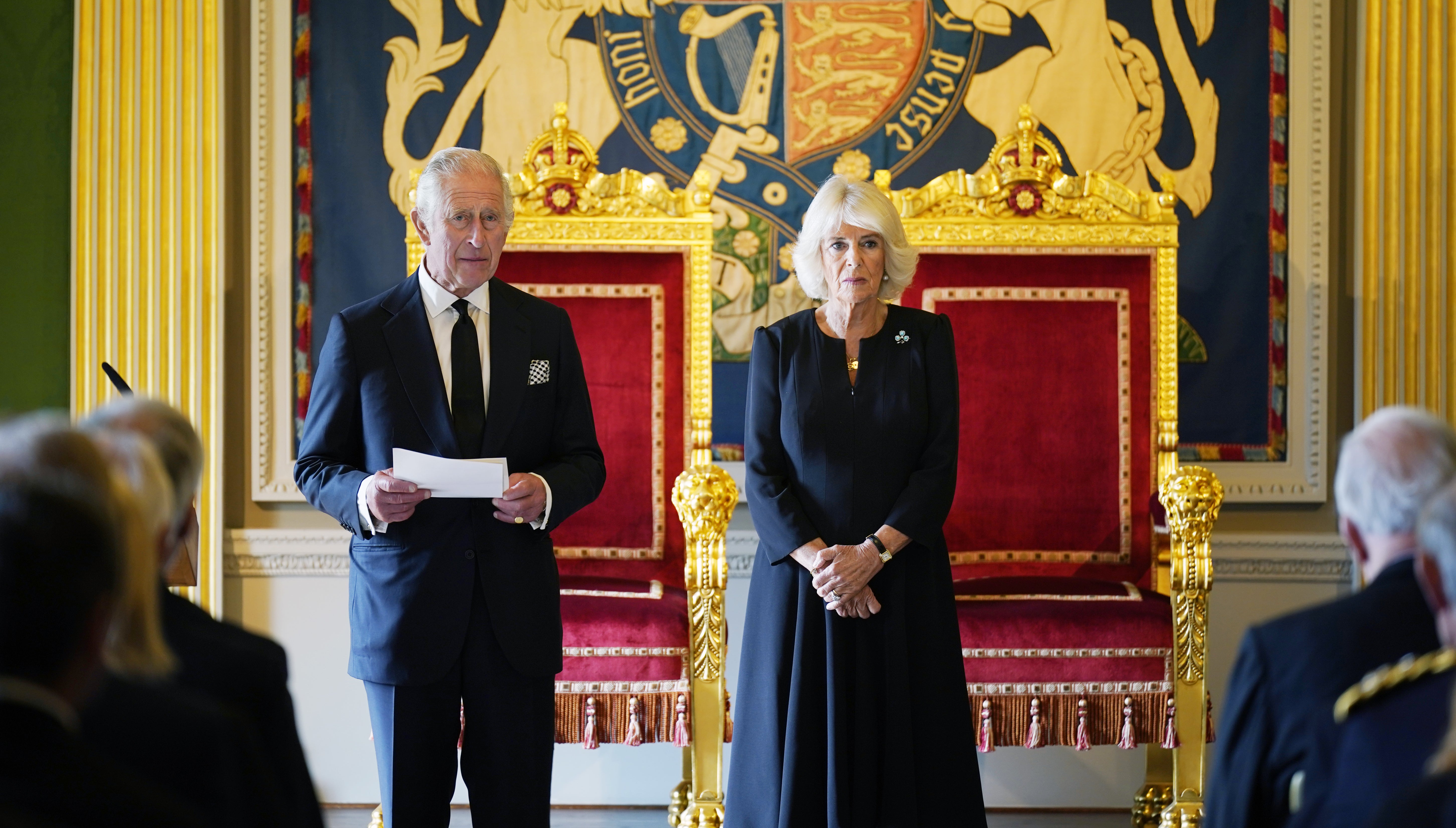 King Charles III and the Queen Consort receive a Message of Condolence by the Speaker of the Northern Ireland Assembly at Hillsborough Castle (Niall Carson/PA)