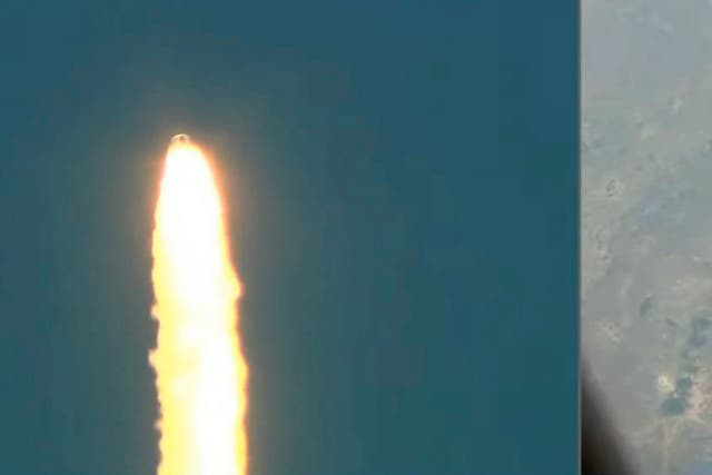 <p>A Blue Origin rocket explodes shortly after liftoff on Monday 12 September</p>