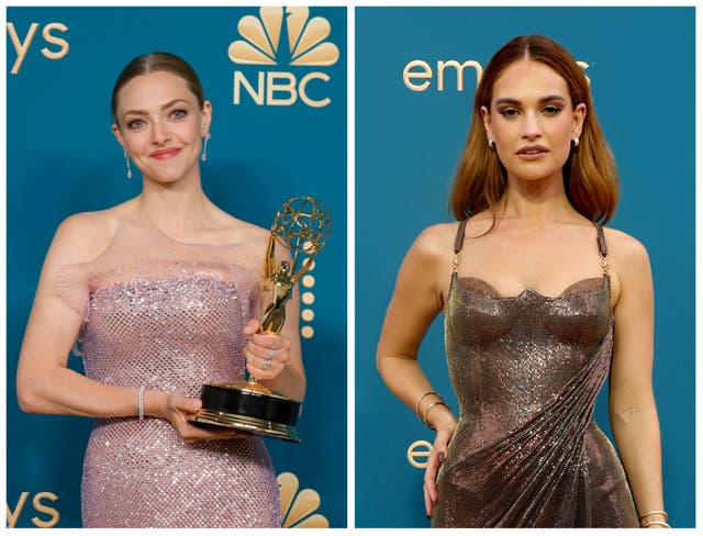 <p>Amanda Seyfried and Lily James at the Emmys</p>