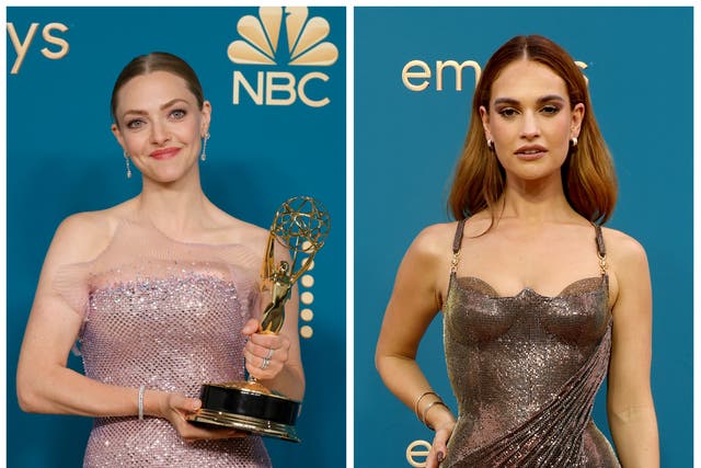 <p>Amanda Seyfried and Lily James at the Emmys</p>