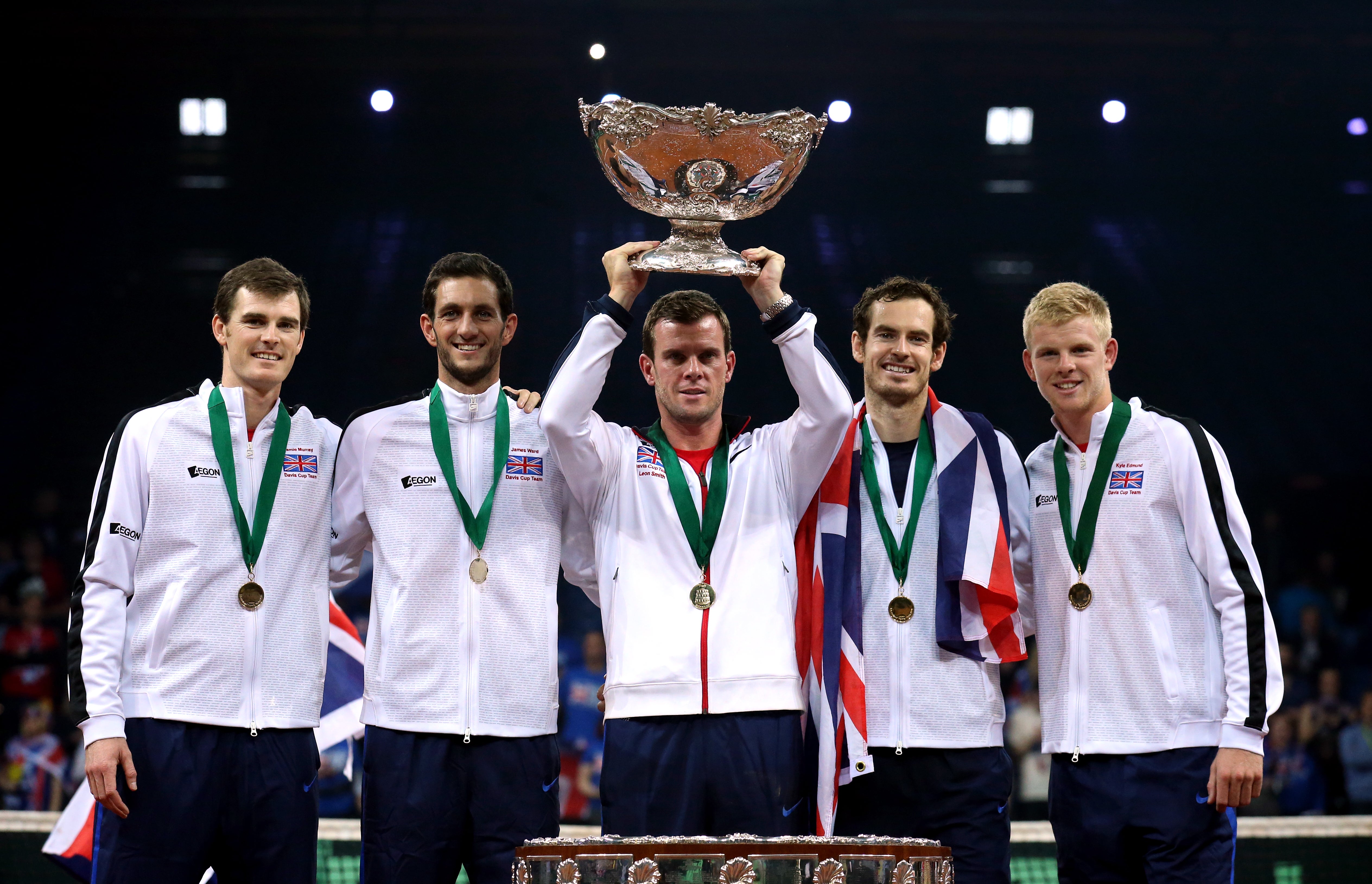 Leon Smith (centre) guided Great Britain to Davis Cup success in 2015 (Andrew Milligan/PA)