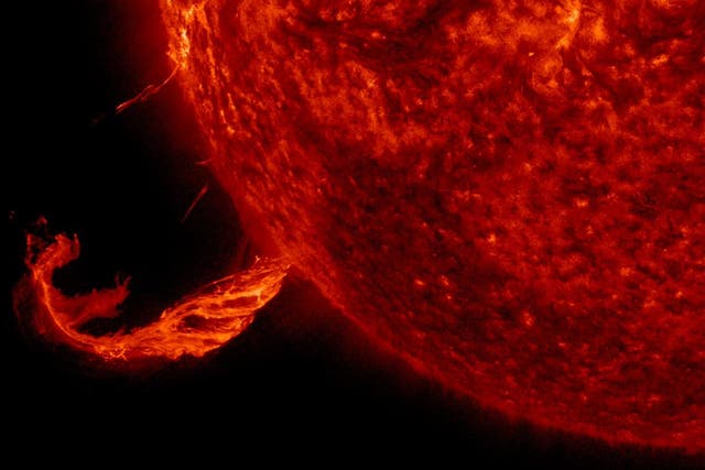 <p>A coronal mass ejection from the Sun can fling radiation, charged solar particles, toward the Earth. </p>