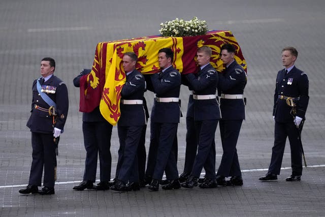 The bearer party from the Queen’s Colour Squadron (63 Squadron RAF Regiment) (PA)