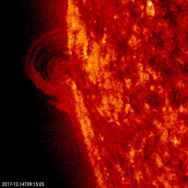 <p>A solar prominence as seen by Nasa’s Solar Dynamics Observatory in 2017</p>