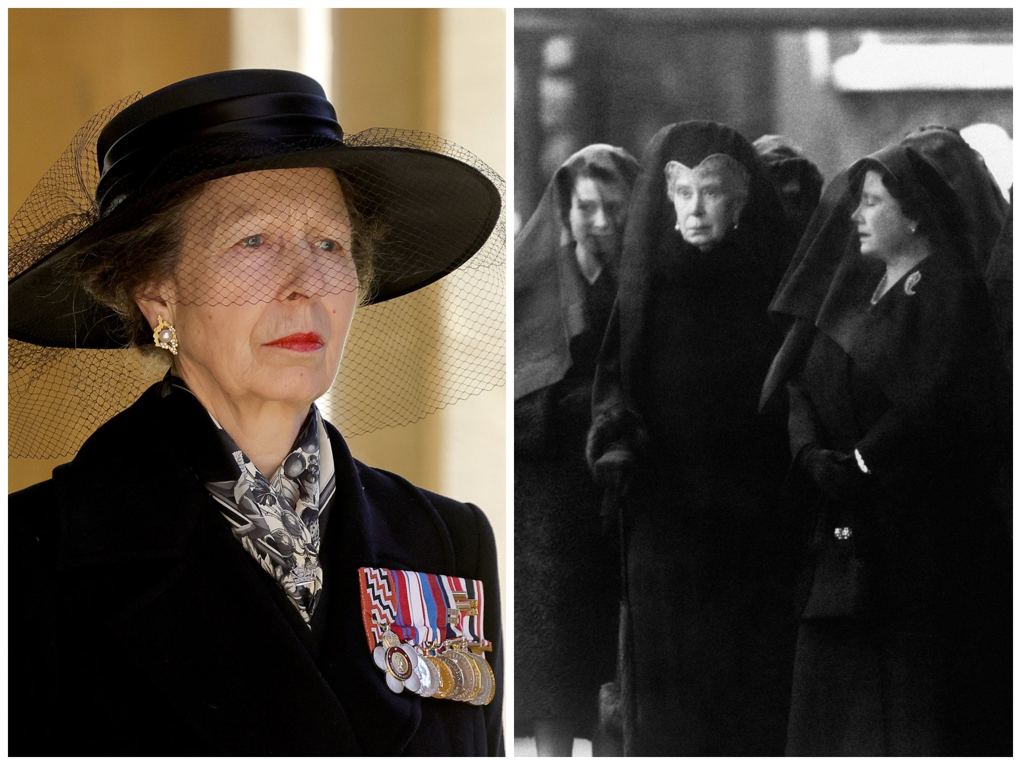 Princess Anne at Prince Philip’s funeral (left), and Princess Elizabth, Queen Mary, and the Queen Mother at the funeral of King George VI in 1952 (right)