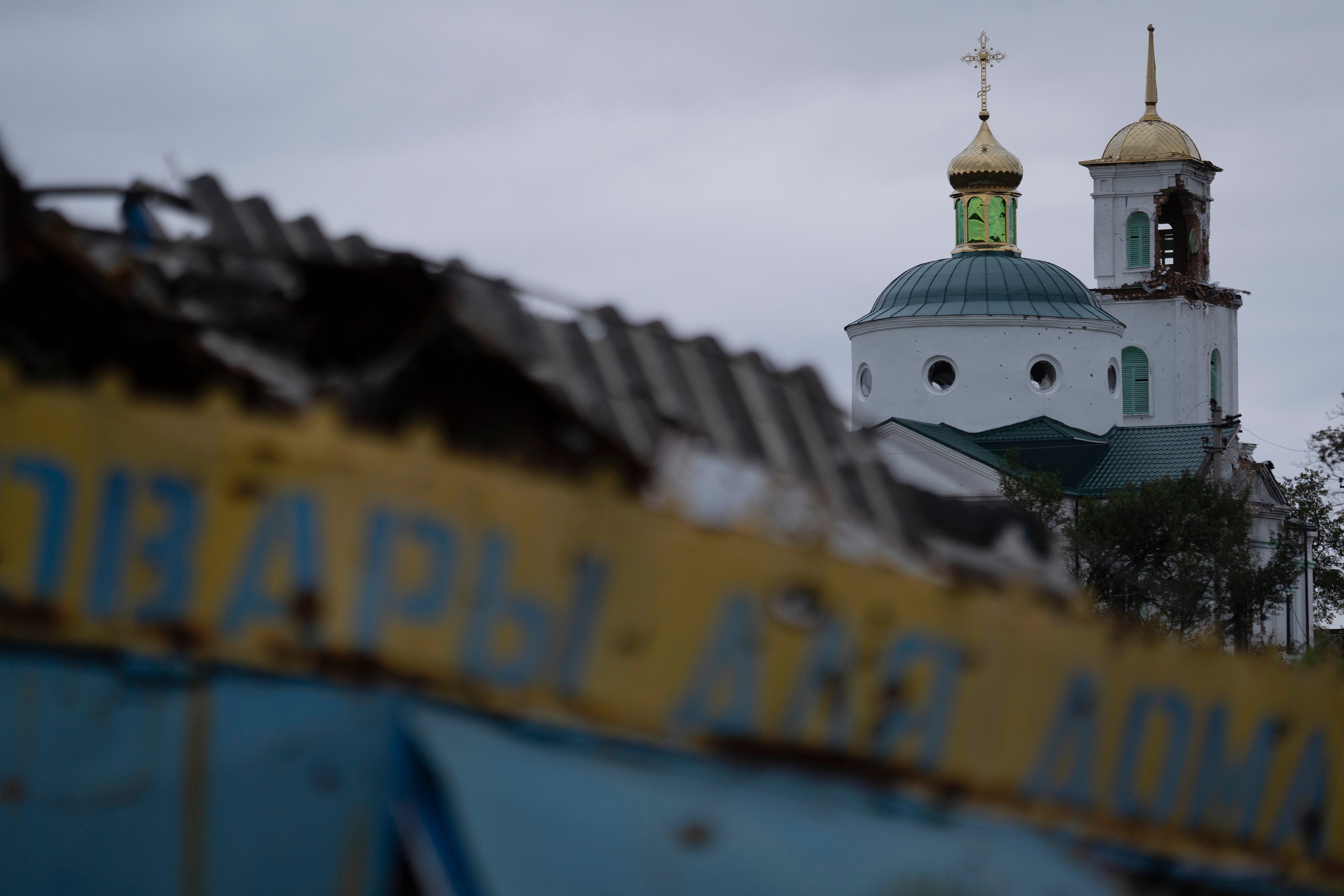 A damaged church in the freed village of Hrakove
