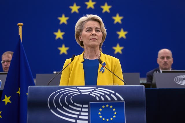 <p>European Commission president Ursula von der Leyen delivers a speech during a debate at the European parliament in Strasbourg on Wednesday </p>