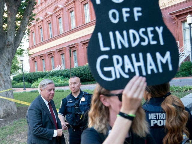 <p>Republican senator Lindsey Graham was met with protests on Tuesday </p>